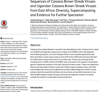 Analyses of twelve new whole genome sequences of cassava brown streak viruses and Ugandan cassava brown streak viruses from East Africa