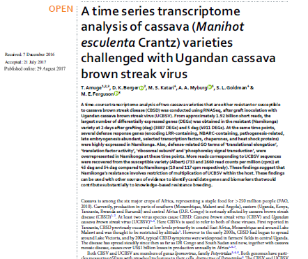 A time series transcriptome analysis of cassava varieties challenged with Ugandan cassava brown streak virus
