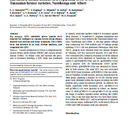 Quantitative trait locus associated with resistance to cassava brown streak and cassava mosaic diseases in a bi-parental cross of two Tanzanian farmer varieties, Namikonga and Albert