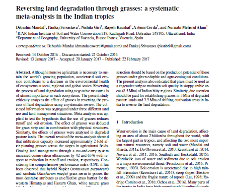 Reversing land degradation through grasses: a systematic meta-analysis in the Indian tropics