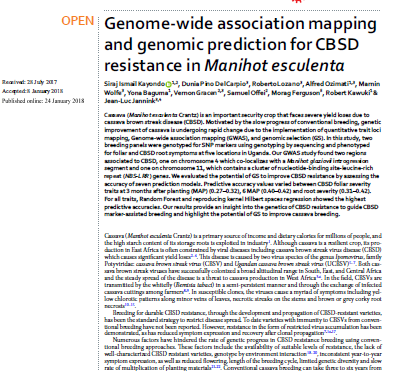 Genome-wide association mapping and genomic prediction for cassava brown streak disease resistance in Manihot esculenta