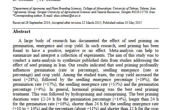 Meta-analysis of seed priming effects on seed germination, seedling emergence and crop yield: Iranian studies