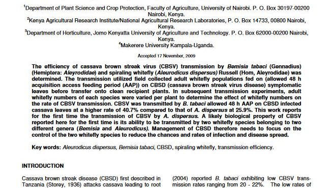 Efficiency of Cassava brown streak virus transmission by two whitefly species in coastal Kenya
