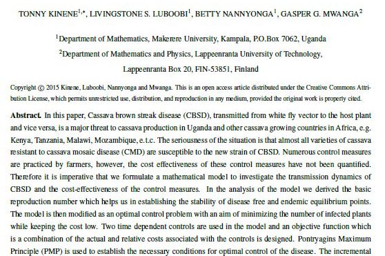 A mathematical model for the dynamics and cost-effectiveness of the current controls of cassava brown streak disease in Uganda