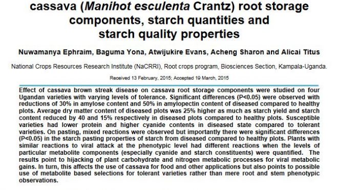 Effect of cassava brown streak disease on cassava (Manihot esculenta Crantz) root storage components, starch qualities and starch quality properties
