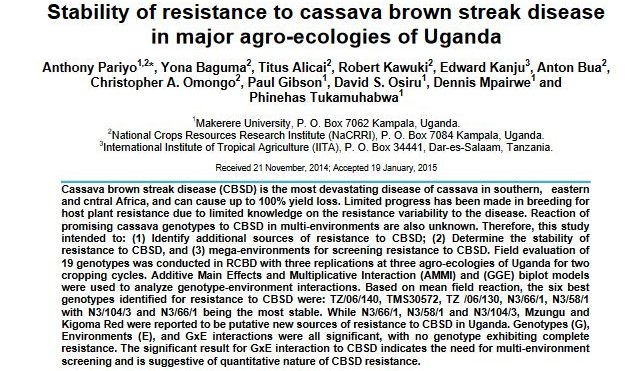Stability of resistance to cassava brown streak disease in major agro-ecologies of Uganda
