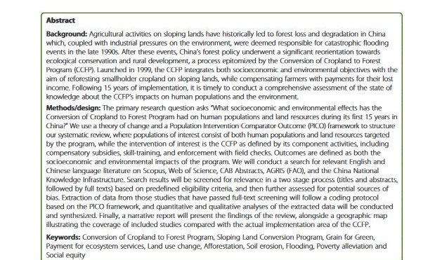 Socioeconomic and environmental effects of China's Conversion of Cropland to Forest Program after 15 years: a systematic review protocol.